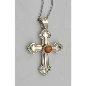 VTG Spiny Oyster & Sterling Silver Cross Necklace & Sterling Silver Chain 16"